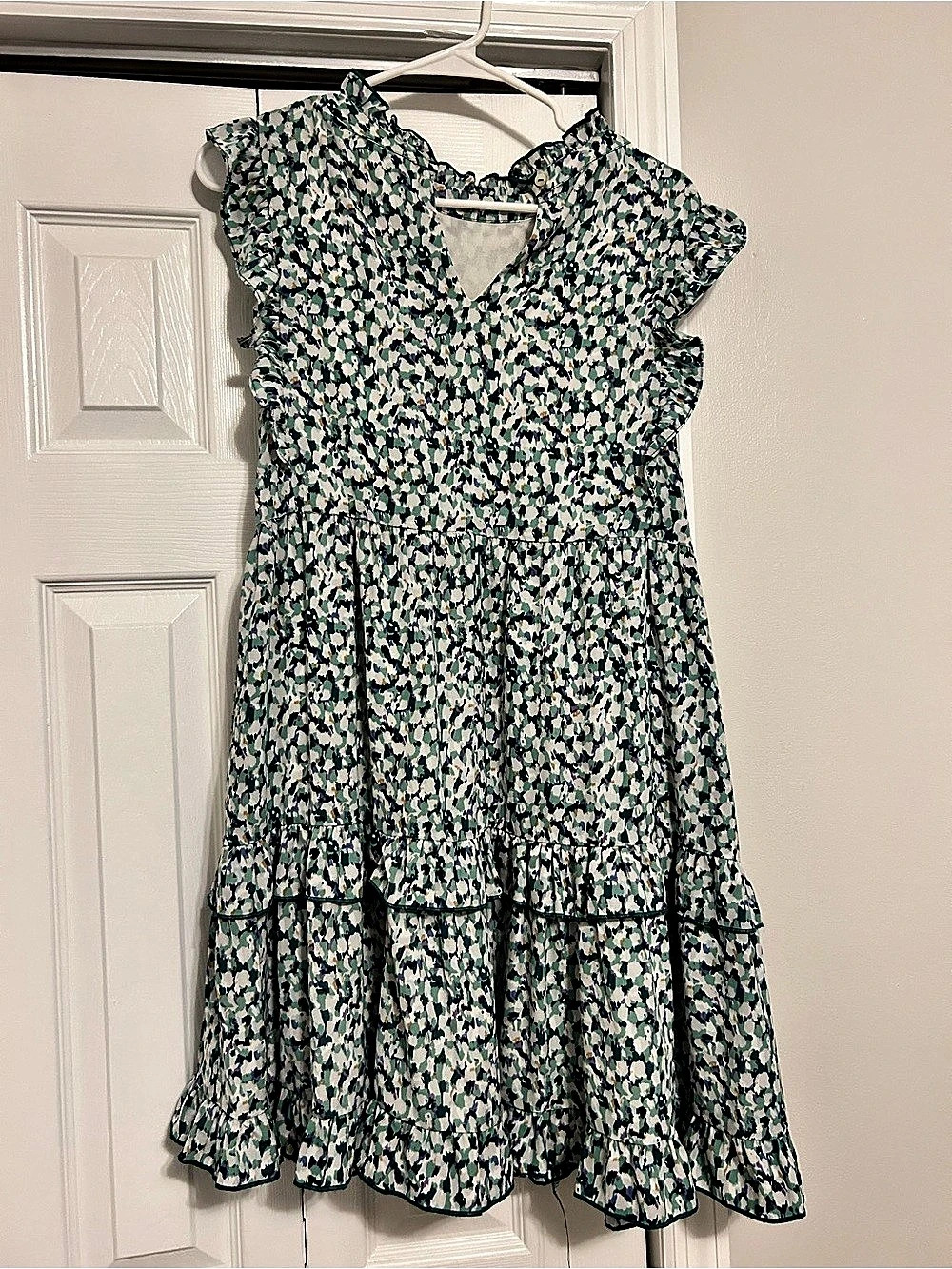 Floral Ruffle Mini Dress in Green & White Like New